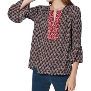 LOFT Boho Floral Pattern Top 3/4 Bell Sleeve Light Blue Green Red & Black Size M